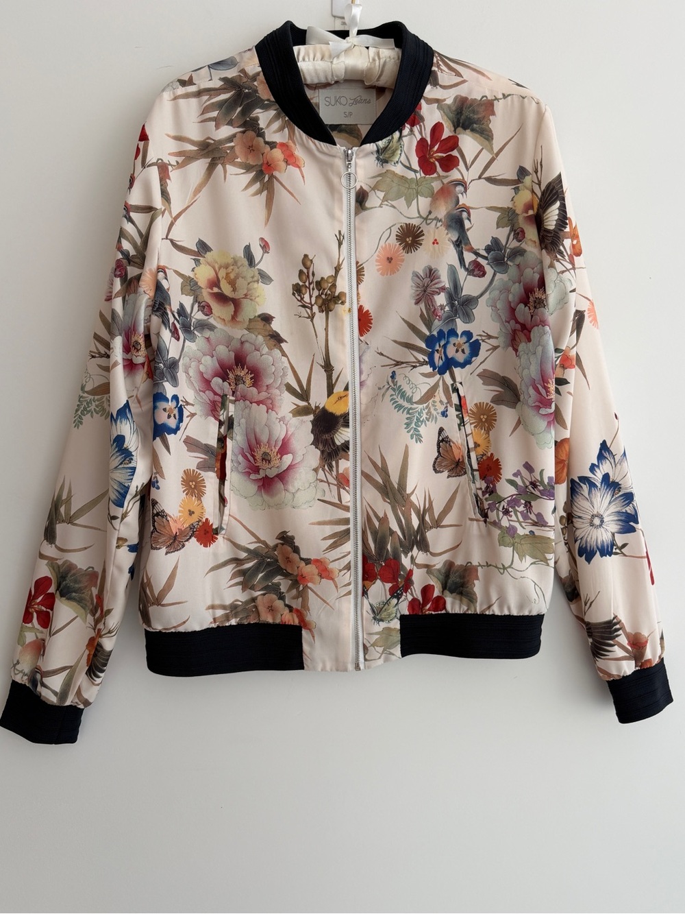 SUKO JEANS Bomber Jacket Lightweight Lined Zip Front Botanical Print Soft Girl